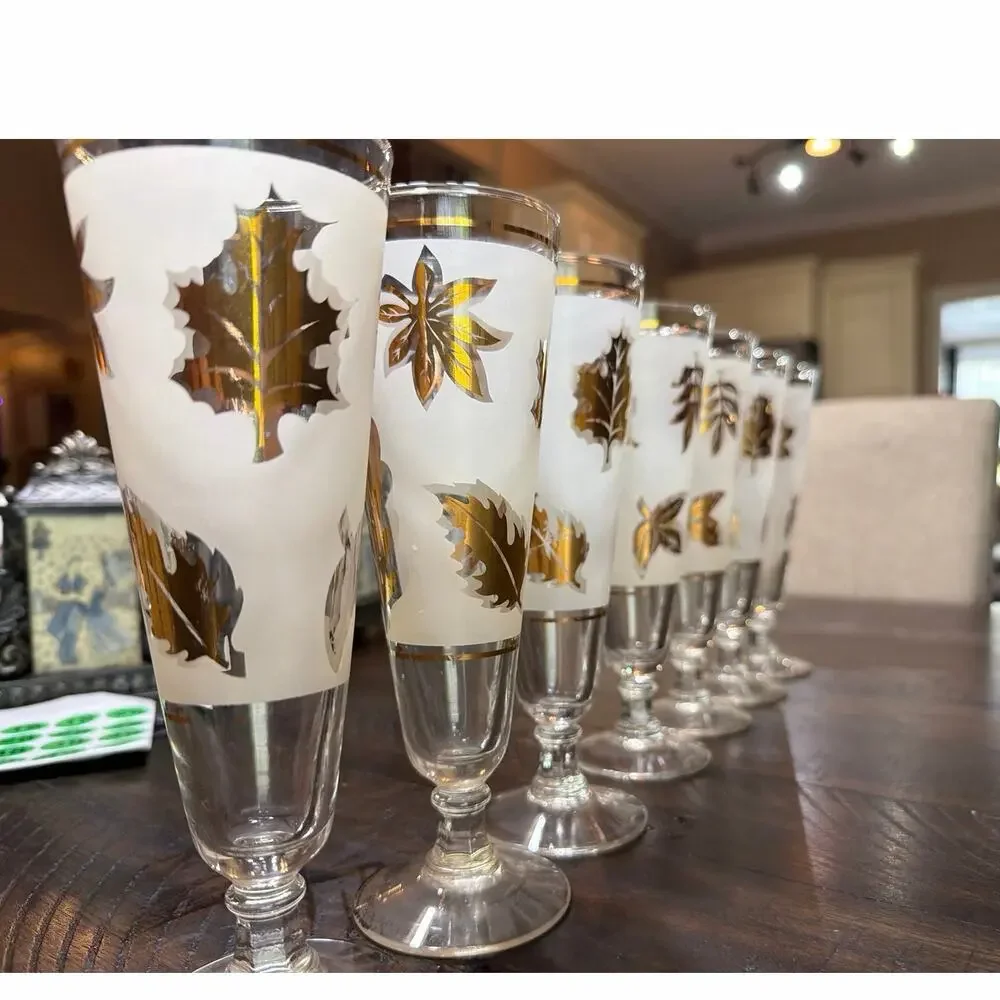 MCM Vintage 1960s Libbey Frosted Tom Collins Glass Gold Foliage Pattern 7